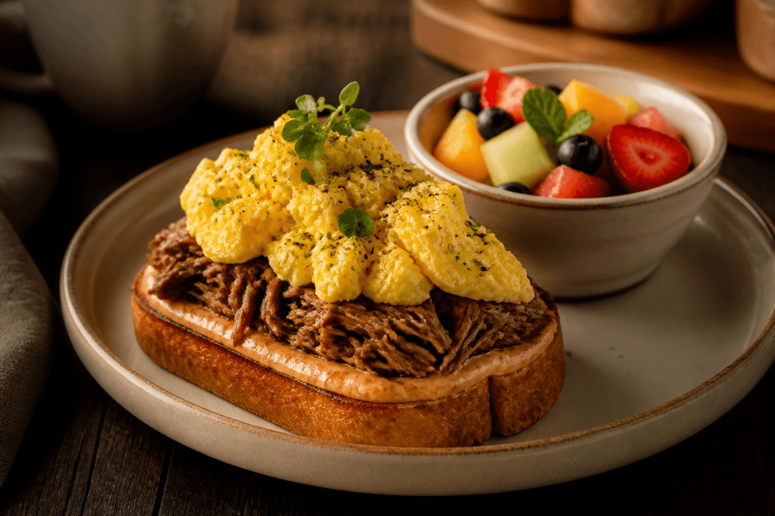Pulled beef and scrambled eggs on brioche