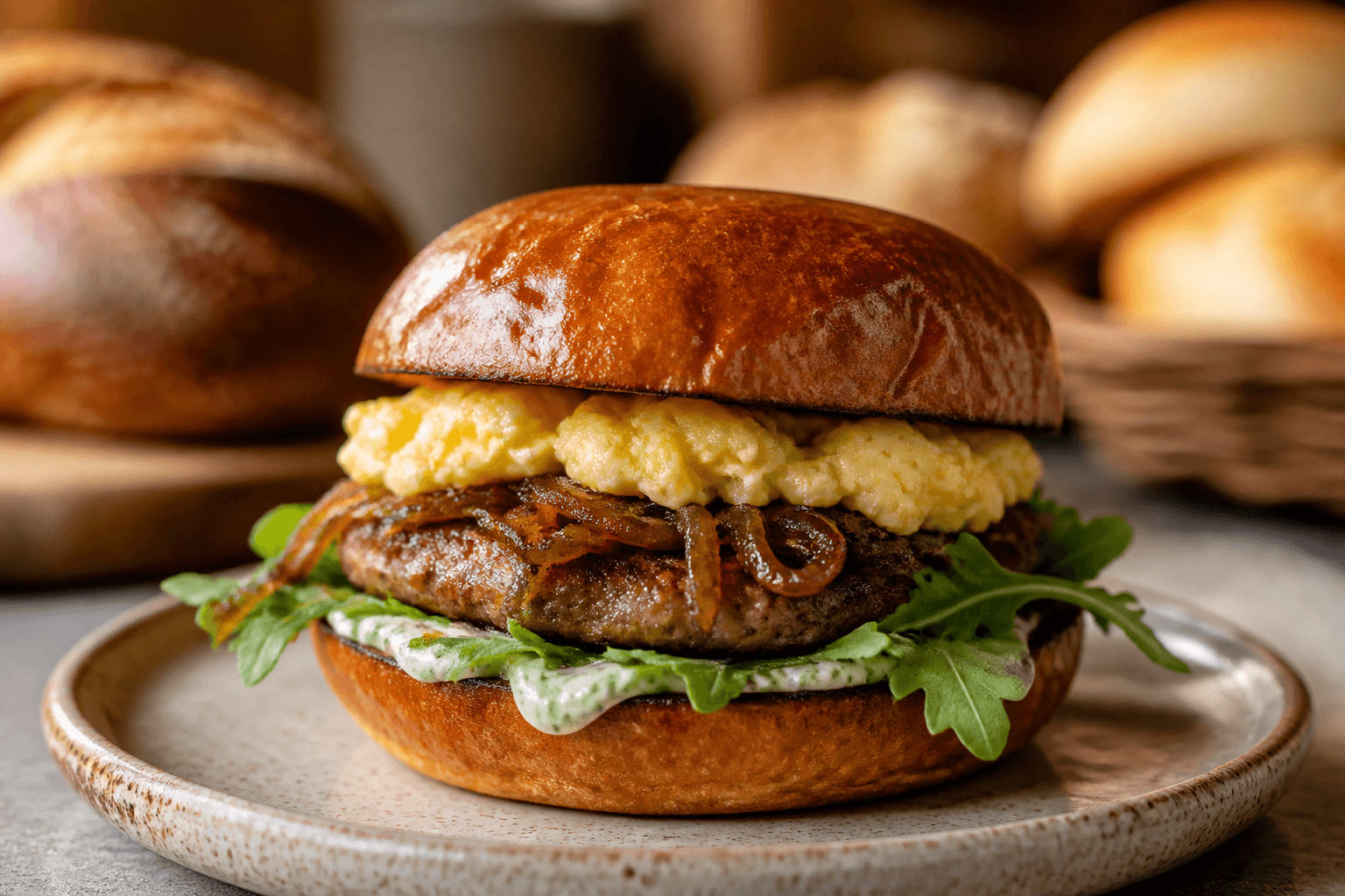 Beef sausage and eggs breakfast sandwich